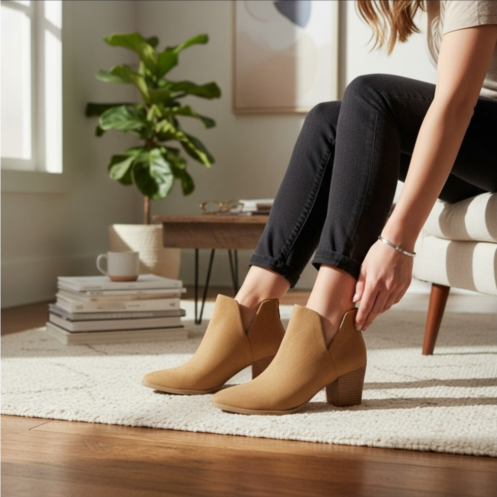 Sun + Stone Modern Microsuede Western Block Heel Booties Boots 7 M Tan BROWN